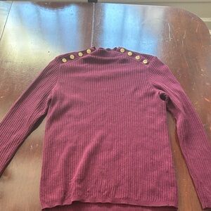 Talbots Plum Ribbed Turtleneck Sweater with Gold Buttons